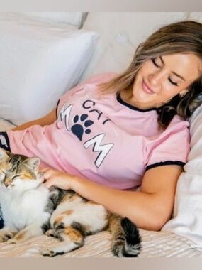Lazy One 
Pink/Darkest Brown 
Cat Mom Ringer Tee
Size Small
NWOT